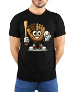 Cute Baseball Glove Cartoon Character Tshirt Sports Fun Tee - model wearing black tee with hands behind back