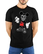 Retro Cartoon Skull Mouse Tshirt Dark Streetwear Graphic Tee - model wearing black tee with hands behind back