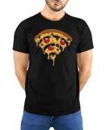 Funny Pizza Wifi Symbol Tshirt Melting Cheese Graphic Tee - model wearing black tee with hands behind back