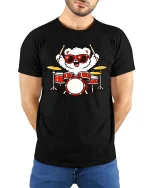 Cute Bear Drummer Cartoon Tshirt Funny Music Graphic Tee - model wearing black tee with hands behind back