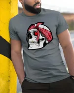 Skull Bandana Heart Eyes Tshirt Streetwear Graphic Tee - model wearing grey tee, leaning on column