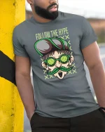 Follow The Hype Cool Dude Glasses Tshirt Streetwear Graphic - model wearing grey tee, leaning on column