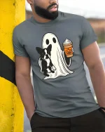 Cute Ghost Dog Coffee Halloween Tshirt Funny Fall Graphic Tee - model wearing grey tee, leaning on column