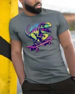 Skateboarding T Rex Neon Dinosaur Tshirt Cool Street Graphic - model wearing grey tee, leaning on column