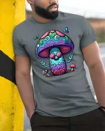 Trippy Mushroom Peace Sign Tshirt Psychedelic Art Graphic - model wearing grey tee, leaning on column