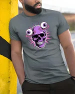 Psychedelic Skull Floating Eyes Tshirt Trippy Graphic Tee - model wearing grey tee, leaning on column