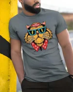 Cool Cat Sunglasses Bandana Tshirt Street Style Graphic Tee - model wearing grey tee, leaning on column