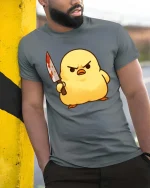 Funny Angry Chick Knife Cartoon Tshirt Dark Humor Graphic Tee - model wearing grey tee, leaning on column