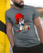 Cute Baseball Girl Swing Cartoon Tshirt Sports Graphic Tee - model wearing grey tee, leaning on column