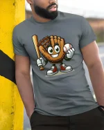 Cute Baseball Glove Cartoon Character Tshirt Sports Fun Tee - model wearing grey tee, leaning on column