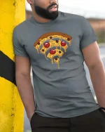 Funny Pizza Wifi Symbol Tshirt Melting Cheese Graphic Tee - model wearing grey tee, leaning on column