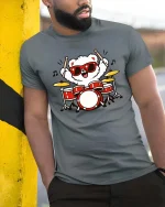 Cute Bear Drummer Cartoon Tshirt Funny Music Graphic Tee - model wearing grey tee, leaning on column