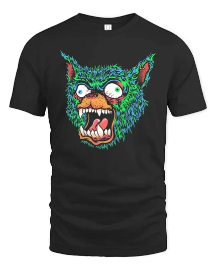 Neon Rage Wolf Face Graphic Tshirt Streetwear Style - black t-shirt on white background