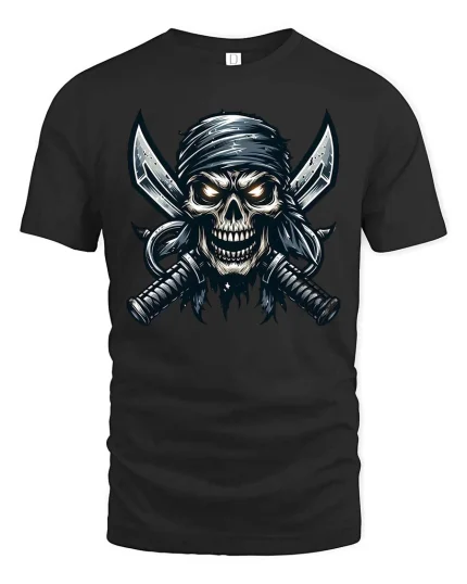 Pirate Skull Cross Swords Dark Graphic Tshirt Street - black t-shirt on white background