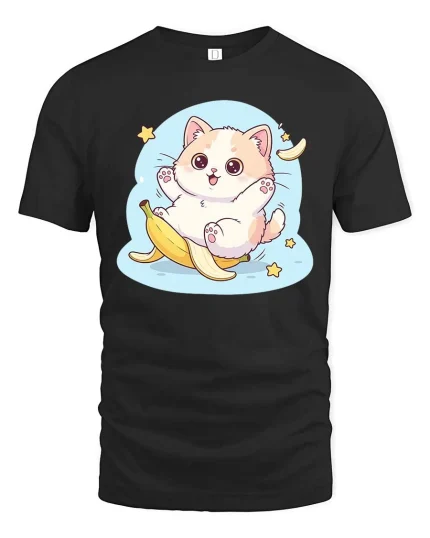 Cute Banana Cat Kawaii Funny Cartoon Graphic Tshirt - black t-shirt on white background