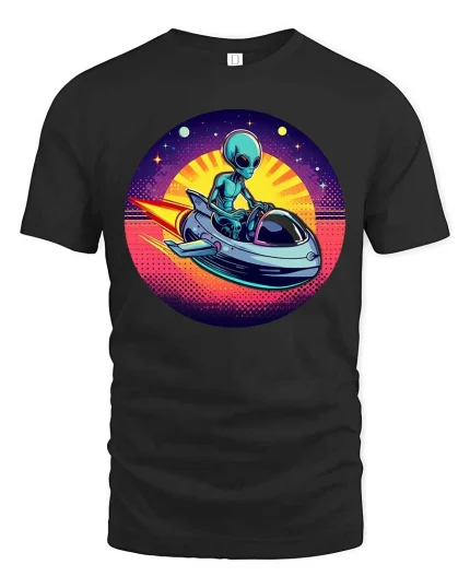 Retro Alien Spaceship Sunset SciFi Graphic Tshirt Style - black t-shirt on white background