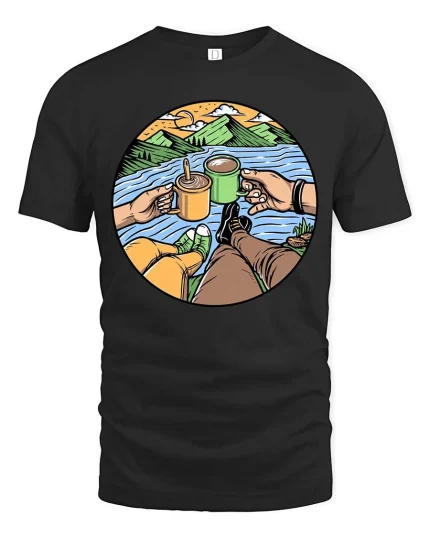 Camping Coffee Lake View Adventure Graphic Tshirt Style - black t-shirt on white background