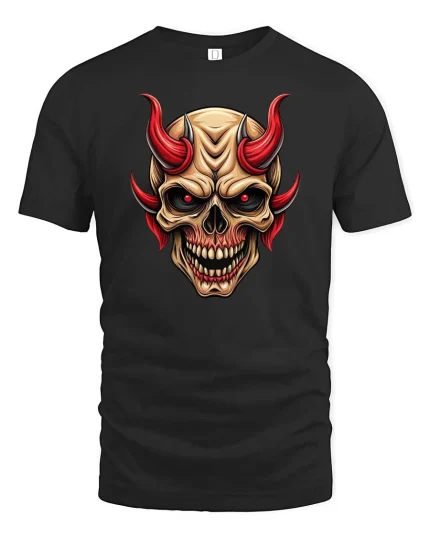 Demon Skull Red Horns Dark Gothic Graphic Tshirt Style - black t-shirt on white background