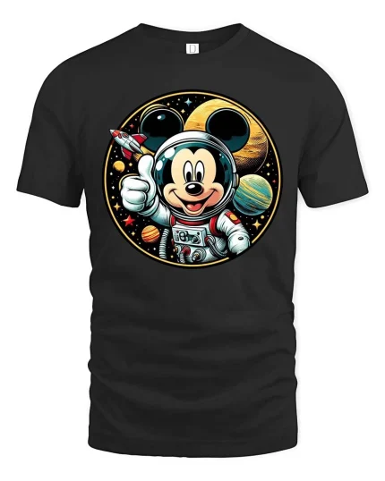 Cute Space Mouse Astronaut Cartoon Graphic Tshirt Style - black t-shirt on white background