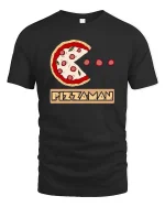 Funny Pizza Man Pacman Style Graphic Tshirt Retro Game - black t-shirt on white background