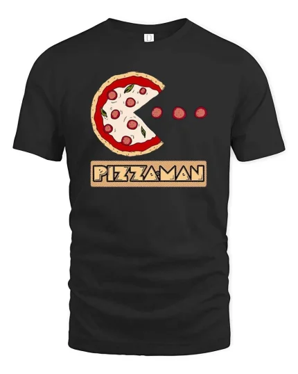Funny Pizza Man Pacman Style Graphic Tshirt Retro Game - black t-shirt on white background