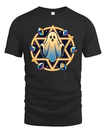 Cute Ghost Magic Circle Halloween Graphic Tshirt Style - black t-shirt on white background