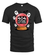 404 Future Not Found Halloween Ghost Graphic Tshirt - black t-shirt on white background