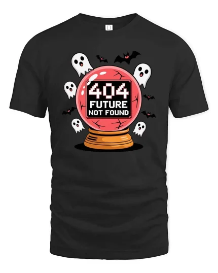 404 Future Not Found Halloween Ghost Graphic Tshirt - black t-shirt on white background