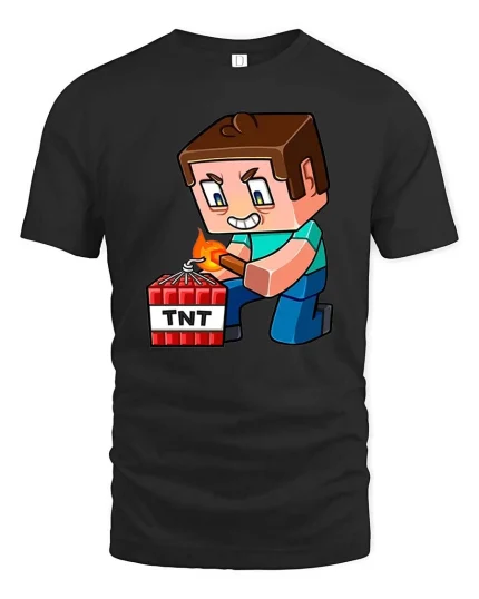 Block Game TNT Blast Cartoon Gamer Graphic Tshirt Fun - black t-shirt on white background