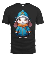 Cute Winter Bunny Hoodie Style Cartoon Graphic Tshirt - black t-shirt on white background