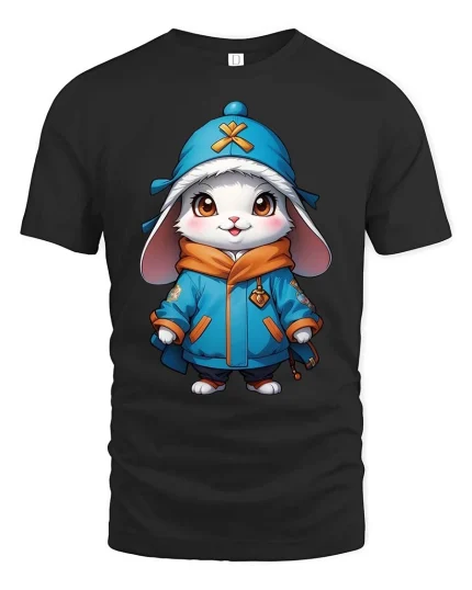 Cute Winter Bunny Hoodie Style Cartoon Graphic Tshirt - black t-shirt on white background