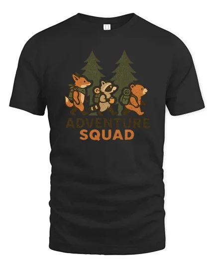 Adventure Squad Forest Animals Hiking Graphic Tshirt Fun - black t-shirt on white background