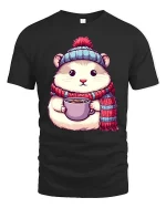 Cute Winter Hamster Coffee Lover Cartoon Graphic Tshirt - black t-shirt on white background
