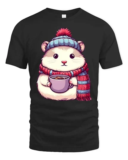 Cute Winter Hamster Coffee Lover Cartoon Graphic Tshirt - black t-shirt on white background
