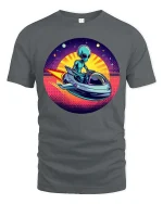 Retro Alien Spaceship Sunset SciFi Graphic Tshirt Style - gray t-shirt on white background