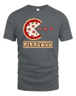 Funny Pizza Man Pacman Style Graphic Tshirt Retro Game - gray t-shirt on white background