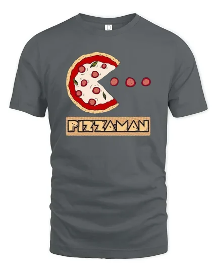 Funny Pizza Man Pacman Style Graphic Tshirt Retro Game - gray t-shirt on white background