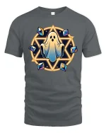 Cute Ghost Magic Circle Halloween Graphic Tshirt Style - gray t-shirt on white background