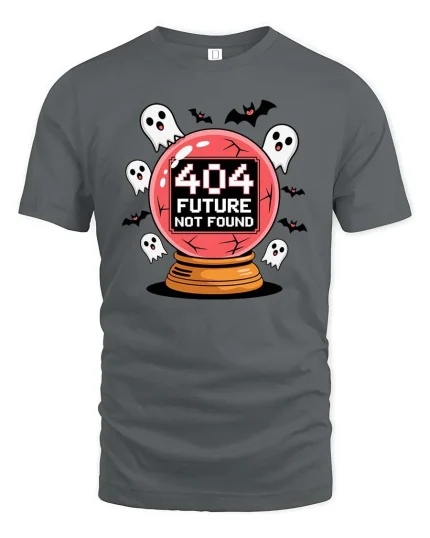 404 Future Not Found Halloween Ghost Graphic Tshirt - gray t-shirt on white background