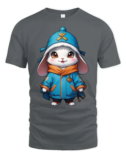 Cute Winter Bunny Hoodie Style Cartoon Graphic Tshirt - gray t-shirt on white background