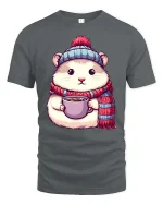 Cute Winter Hamster Coffee Lover Cartoon Graphic Tshirt - gray t-shirt on white background