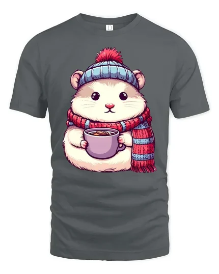 Cute Winter Hamster Coffee Lover Cartoon Graphic Tshirt - gray t-shirt on white background