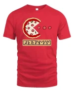 Funny Pizza Man Pacman Style Graphic Tshirt Retro Game - red t-shirt on white background