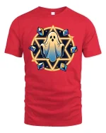 Cute Ghost Magic Circle Halloween Graphic Tshirt Style - red t-shirt on white background