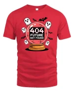 404 Future Not Found Halloween Ghost Graphic Tshirt - red t-shirt on white background
