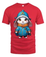 Cute Winter Bunny Hoodie Style Cartoon Graphic Tshirt - red t-shirt on white background
