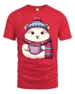 Cute Winter Hamster Coffee Lover Cartoon Graphic Tshirt - red t-shirt on white background