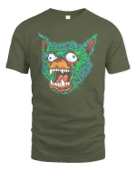 Neon Rage Wolf Face Graphic Tshirt Streetwear Style - military green t-shirt on white background