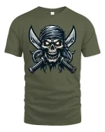 Pirate Skull Cross Swords Dark Graphic Tshirt Street - military green t-shirt on white background