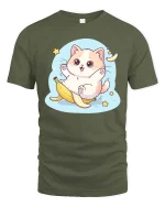 Cute Banana Cat Kawaii Funny Cartoon Graphic Tshirt - military green t-shirt on white background